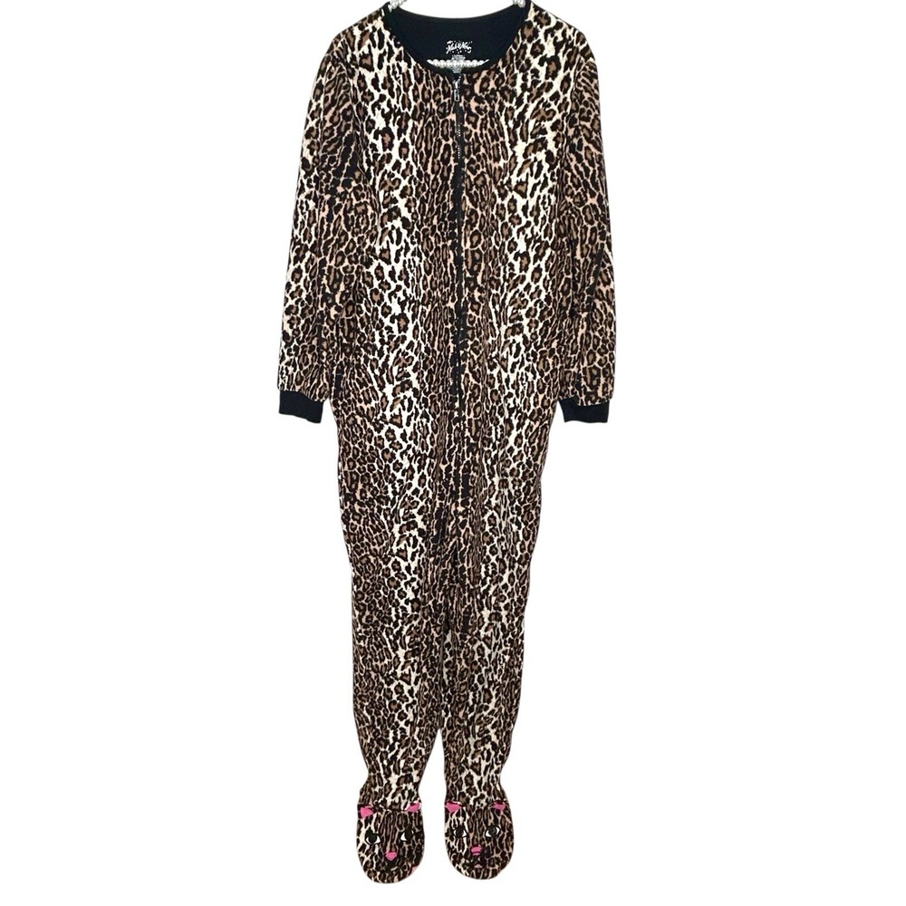 Nick‎ & Nora Kitty Cat One Piece Pajamas Footed Zip Up Large Leopard Cozy Warm